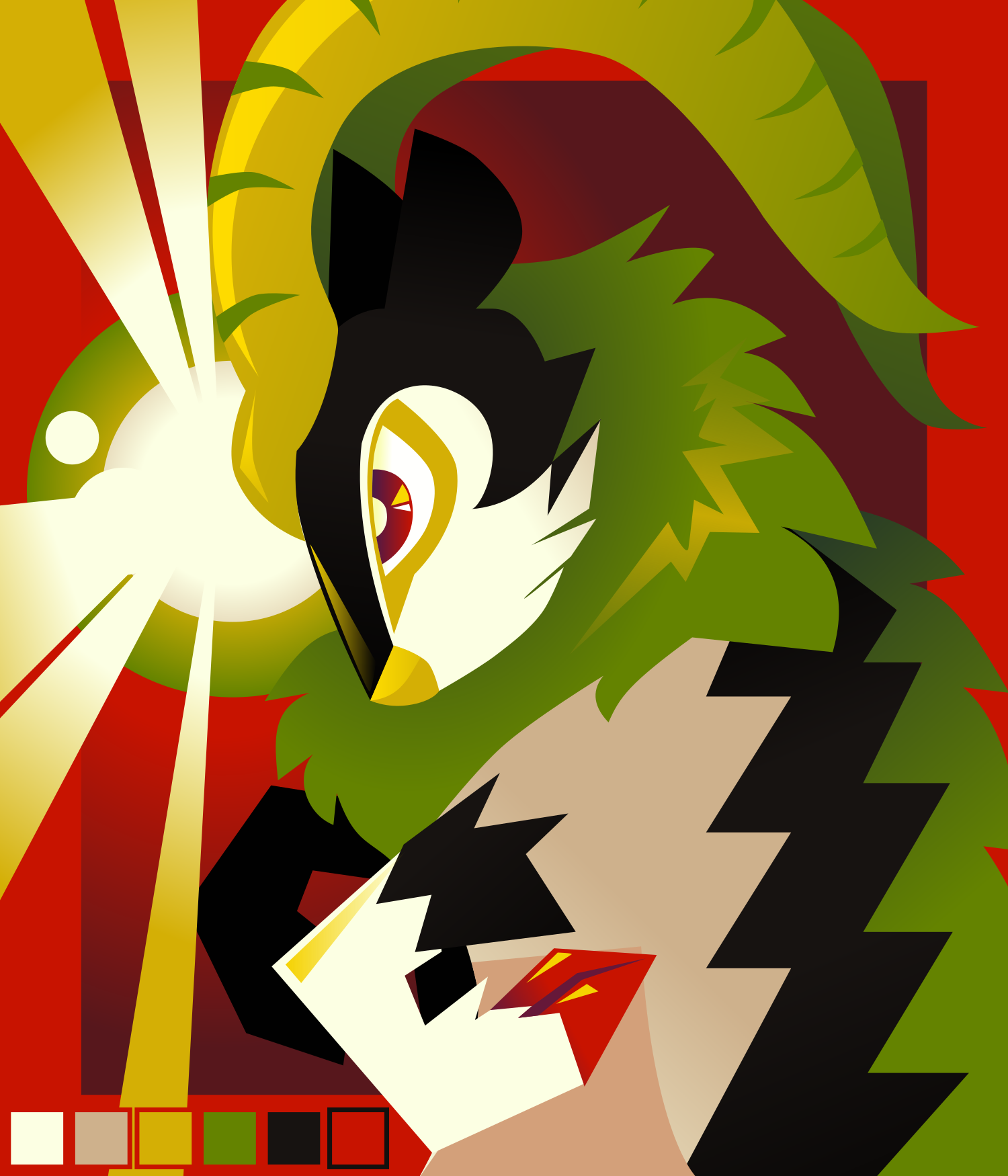 a vector illustration of a shiny gogoat, a grass goat pokemon, with an orb of light in front of it, gathering together to ultimately beam outwards at an opponent. the backdrop is red, with squares of colors from the piece in the bottom left.